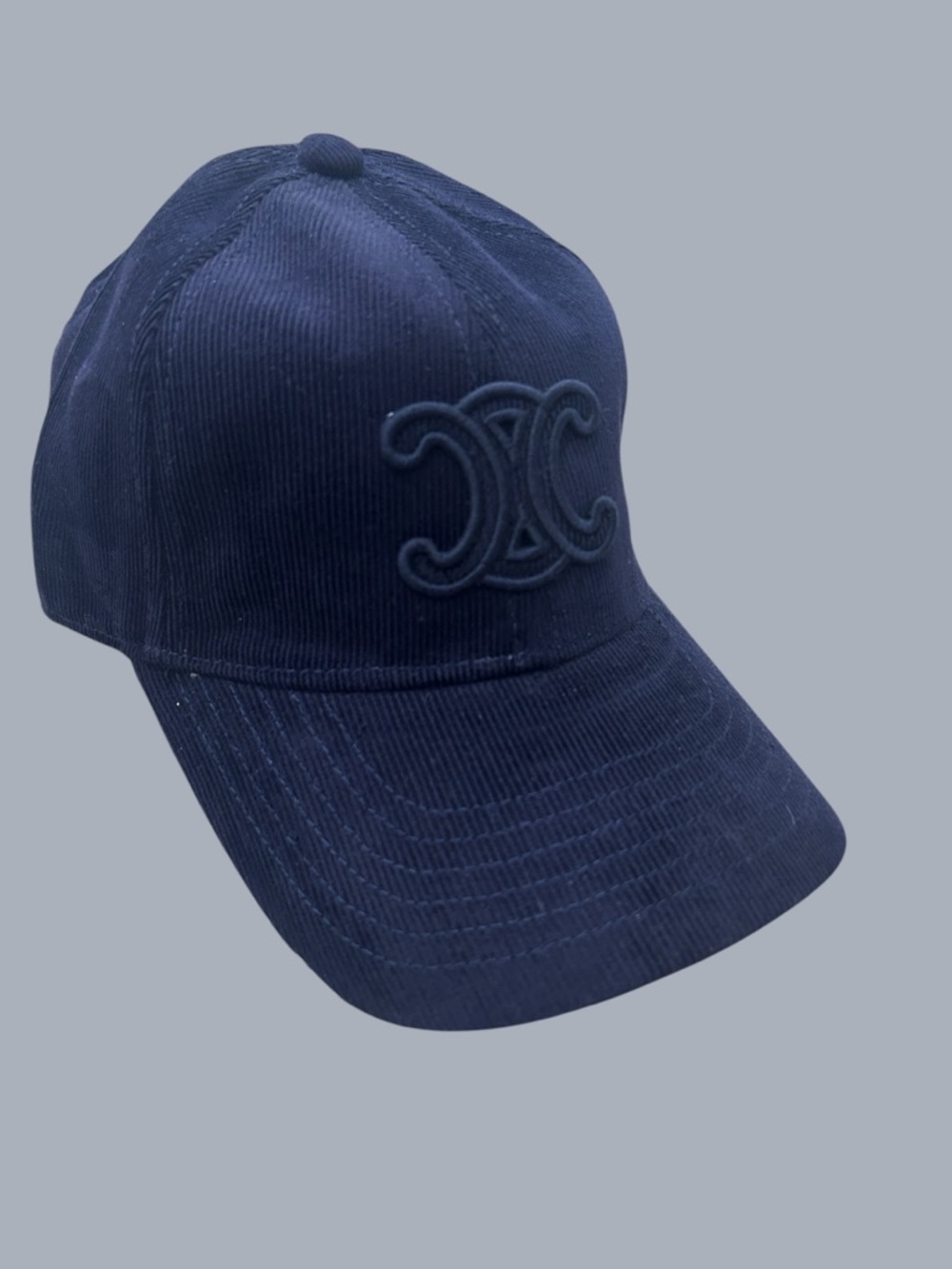 Celine Navy Corduroy Baseball Cap with Embroidered Logo